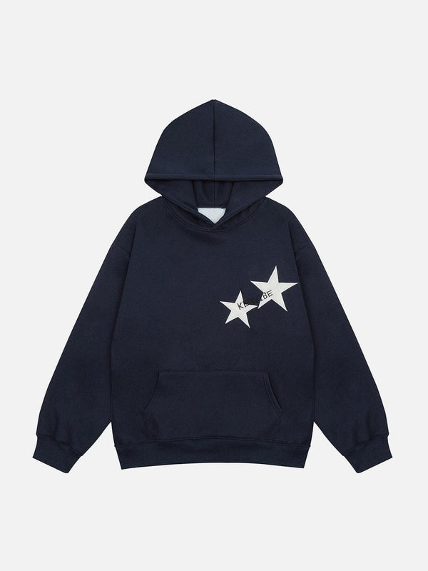 Dark blue hoodie with star print and "KENVIBE" text, front view by TALISHKO.
