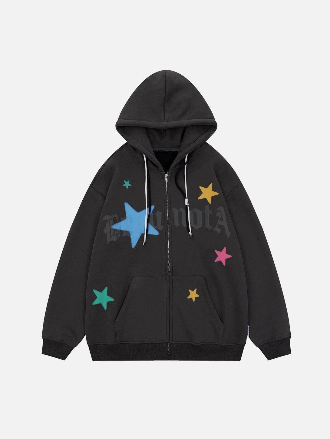Front view of dark gray fleece zip hoodie by TALISHKO, featuring vibrant star prints.