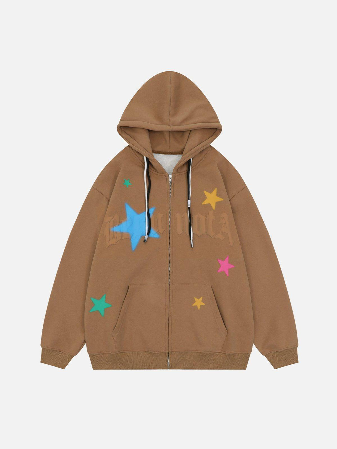 Front view of khaki fleece zip hoodie by TALISHKO, featuring colorful star prints.