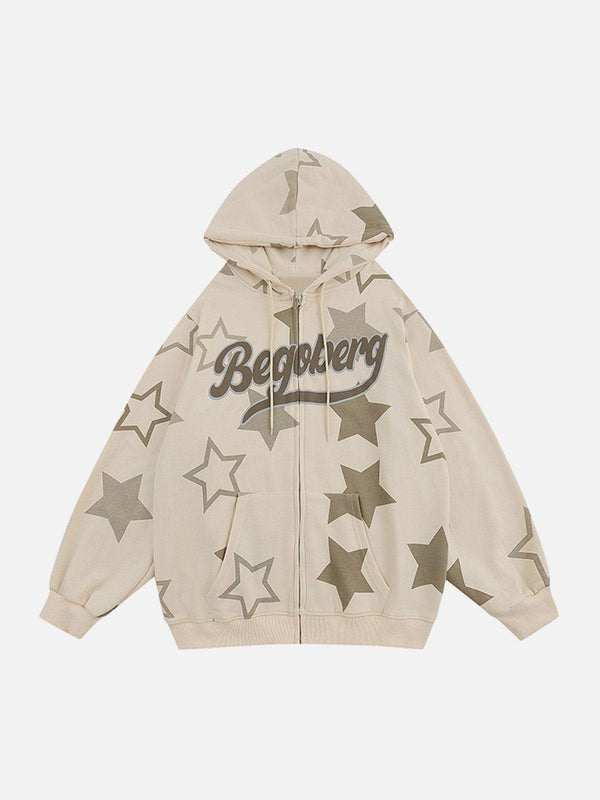 Apricot star print zipper hoodie by TALISHKO, showcasing a bold design in a front view.