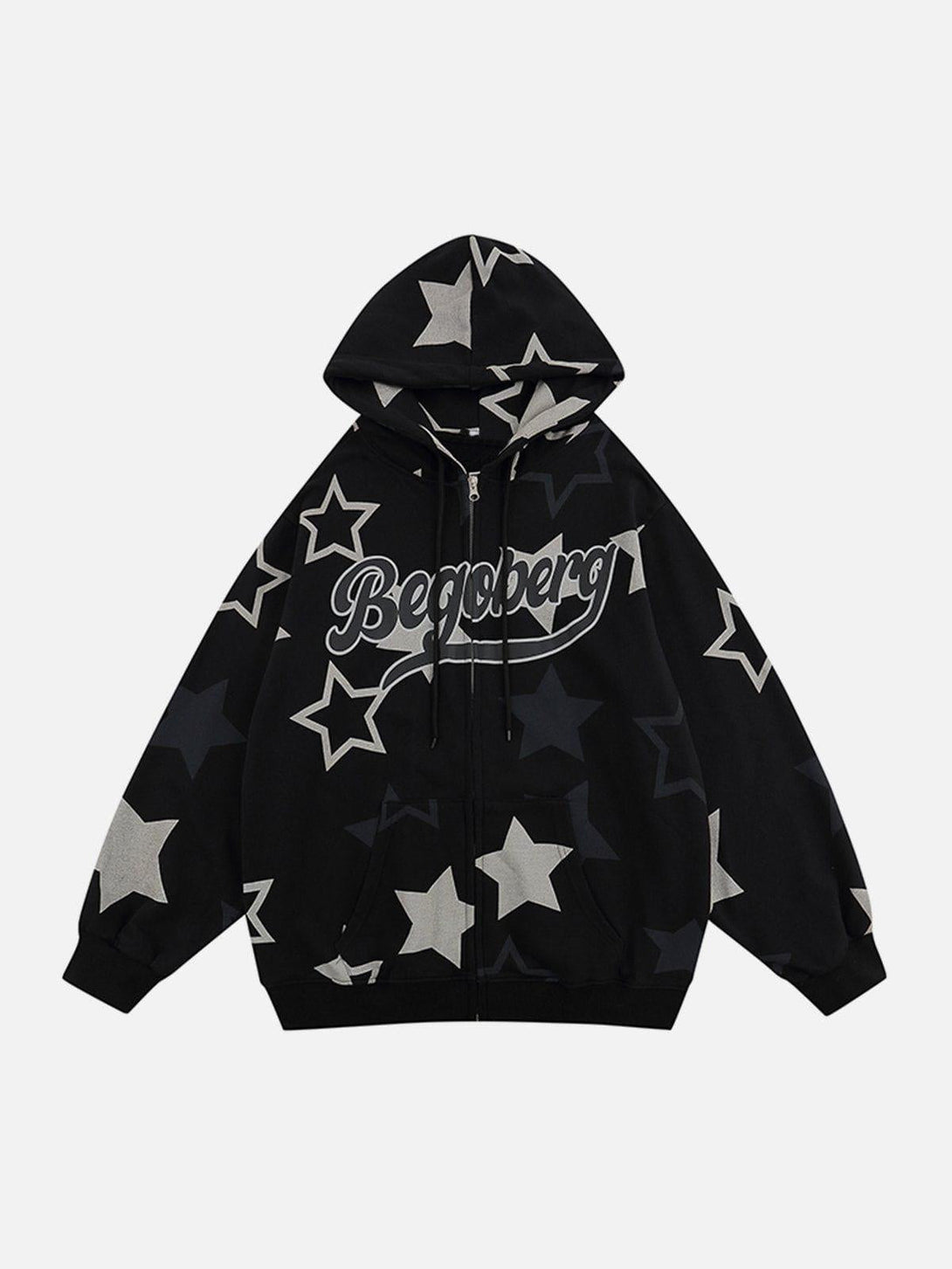 Front view of black star print zipper hoodie by TALISHKO, featuring bold and stylish graphics.