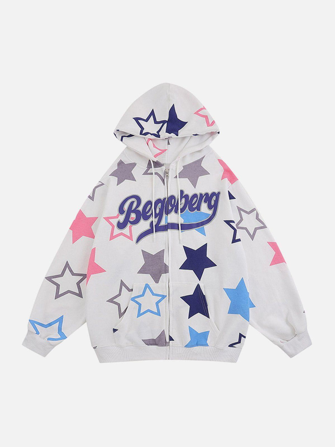 Front view of white star print zipper hoodie by TALISHKO, featuring vibrant colors and bold design.