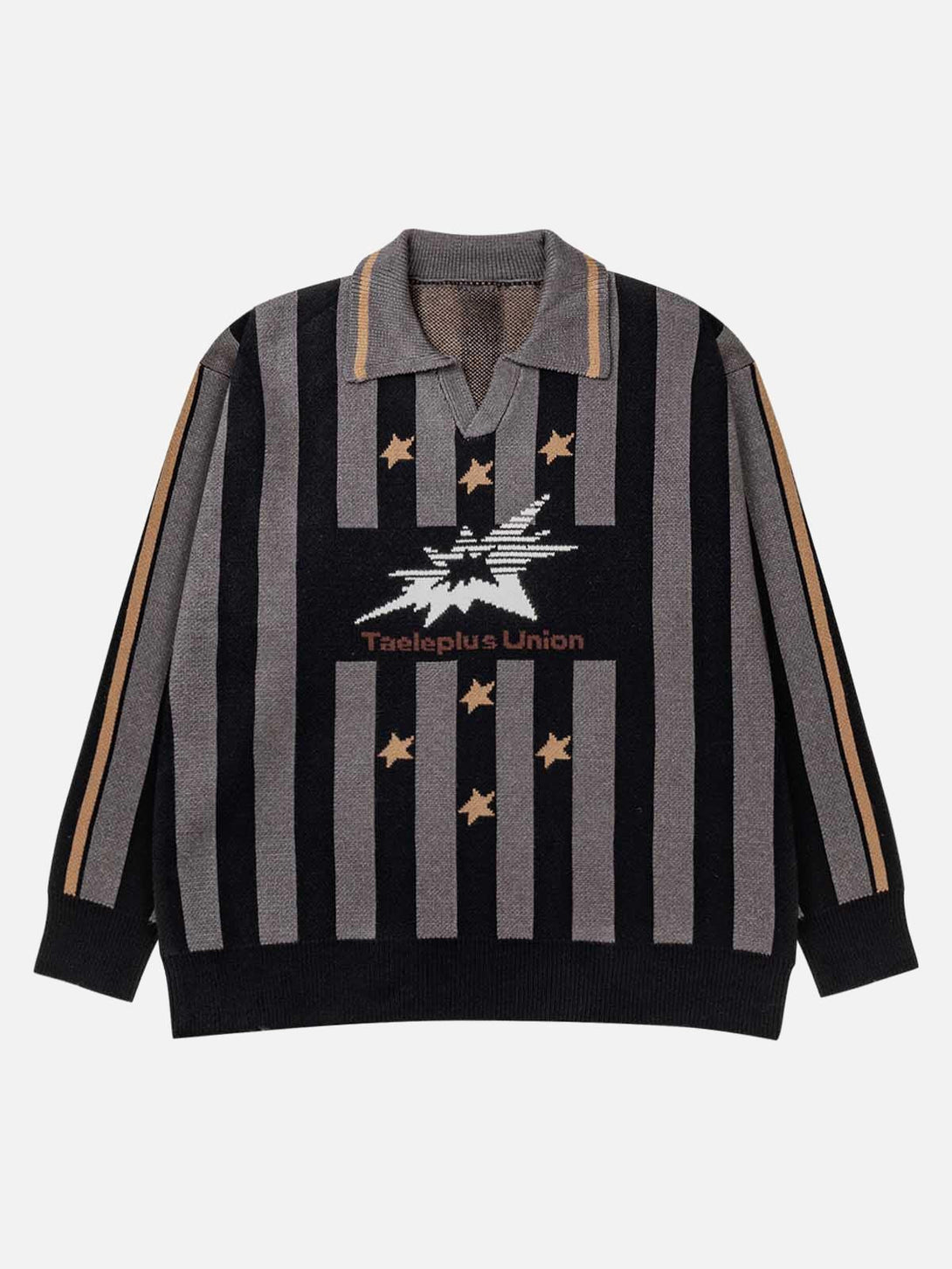 Front view of a black striped sweater by TALISHKO, featuring star details and a bold design.