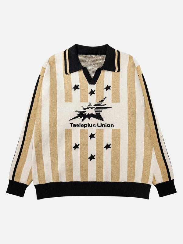 Front view of a yellow striped rugby sweater by TALISHKO, featuring star details.