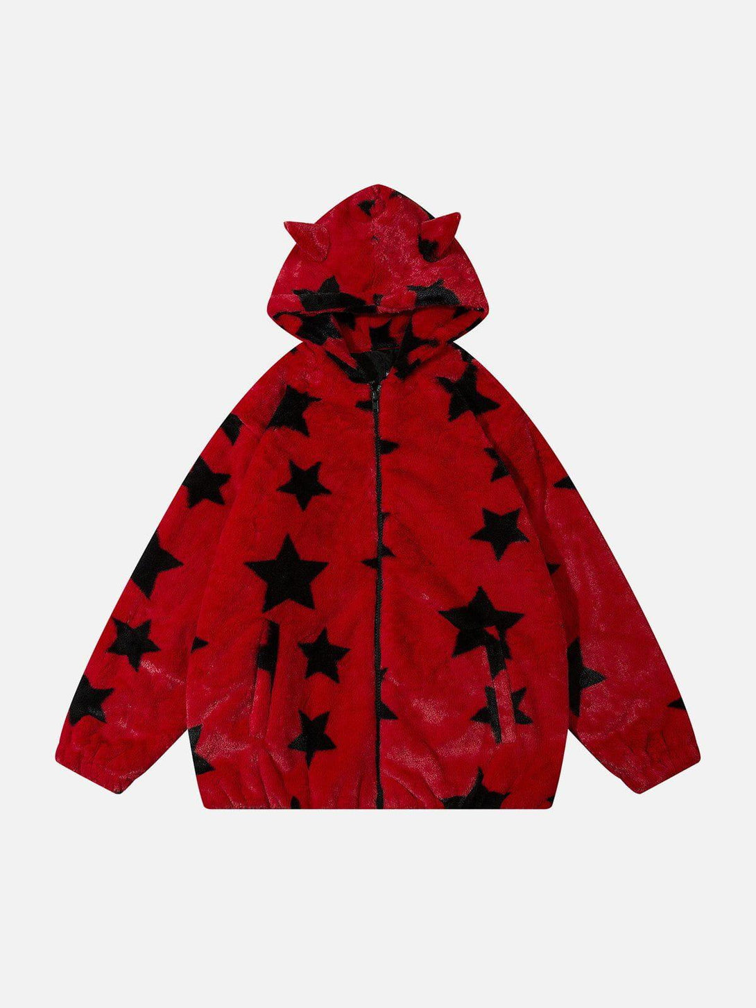 TALISHKO's red hoodie with black stars and playful ear details, perfect for casual street style.