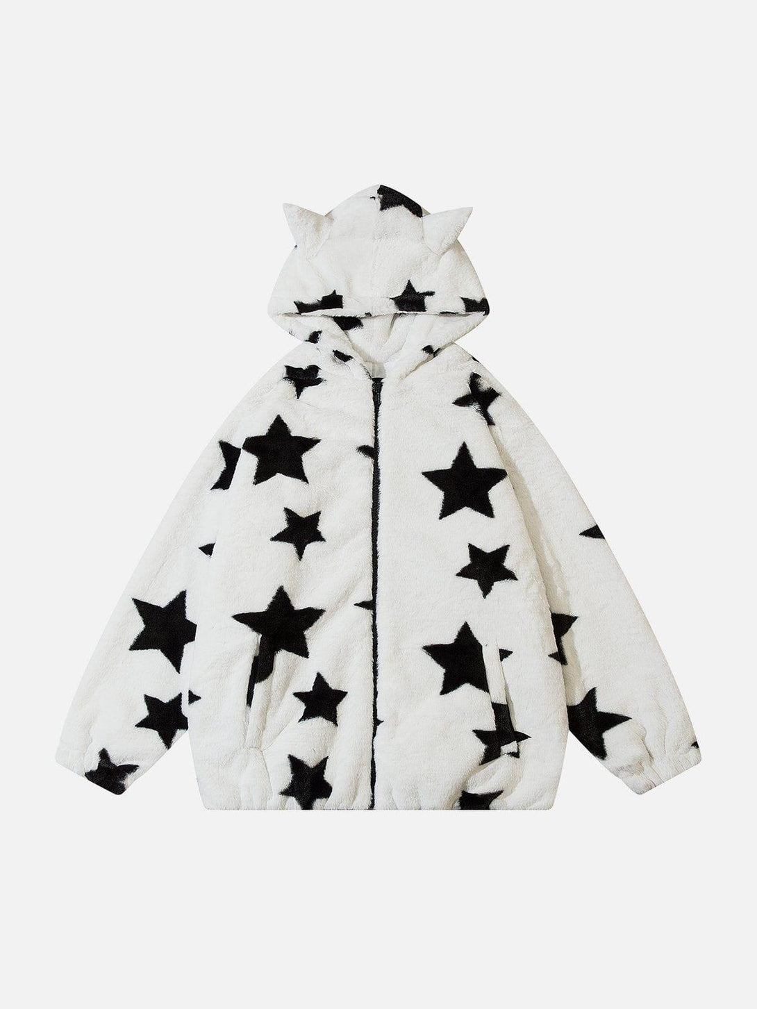 TALISHKO's white hoodie features bold black stars and playful ear details, perfect for trendy wear.