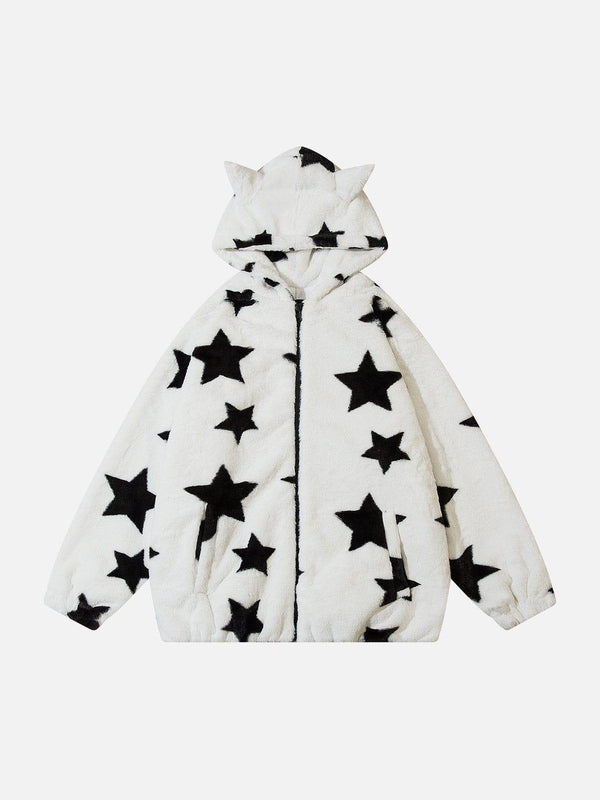 TALISHKO's white hoodie features bold black stars and playful ear details, perfect for trendy wear.