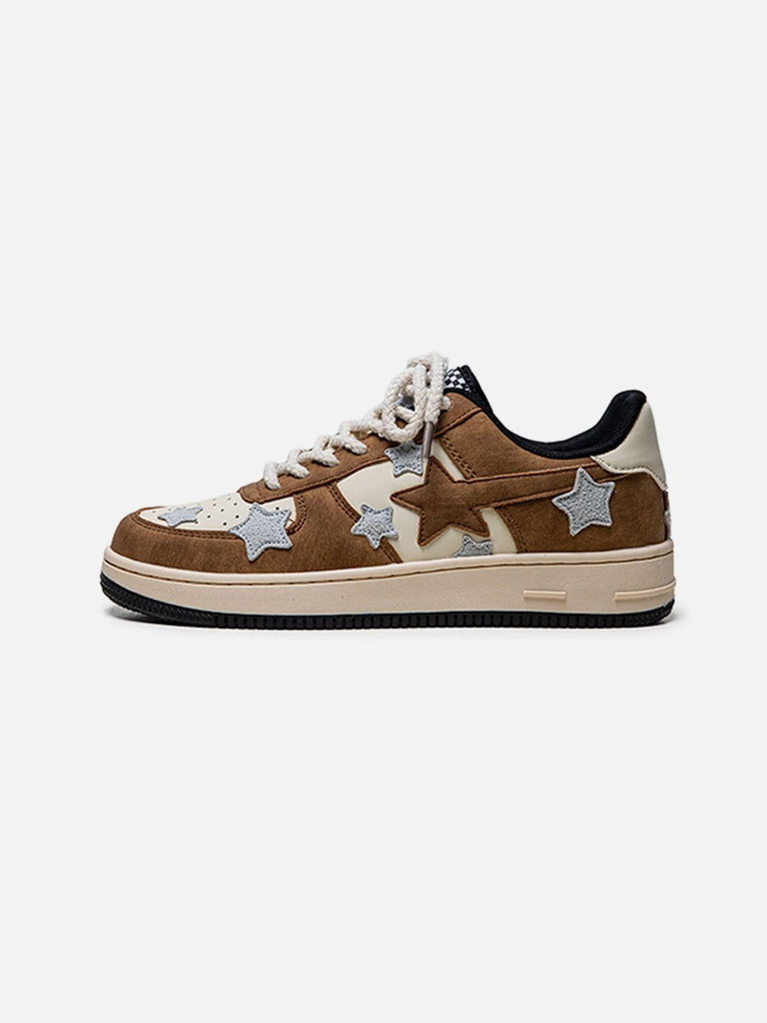 Side view of brown star skate shoes by TALISHKO, featuring a trendy streetwear design.