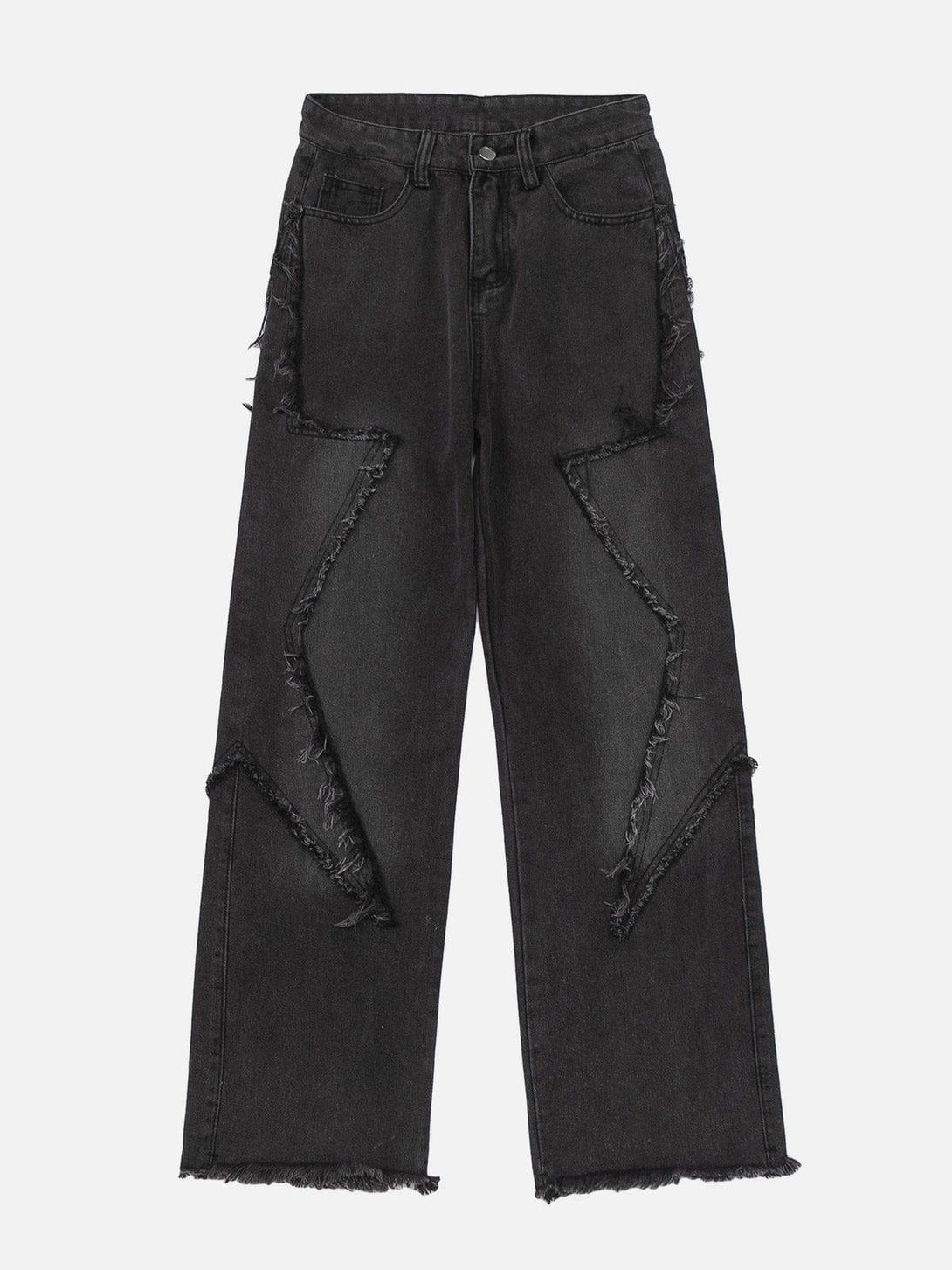 TALISHKO black jeans with raw edge detailing and star symmetrical splicing, front view.