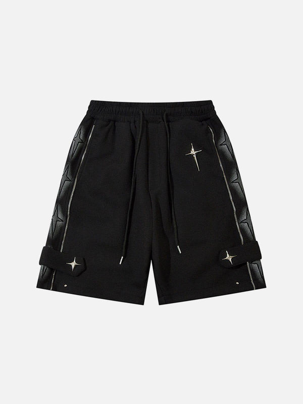 Black star zip-up shorts in front view, featuring detailed stitching by TALISHKO.