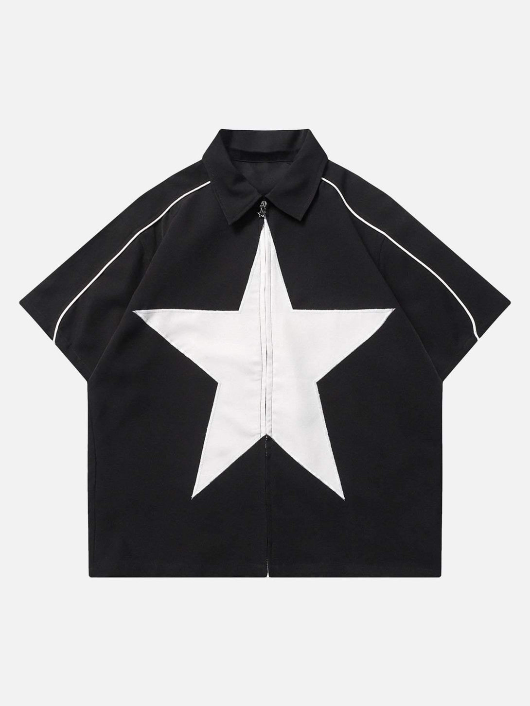 Front view of a black shirt with a white star and zipper design by TALISHKO, ideal for urban style.