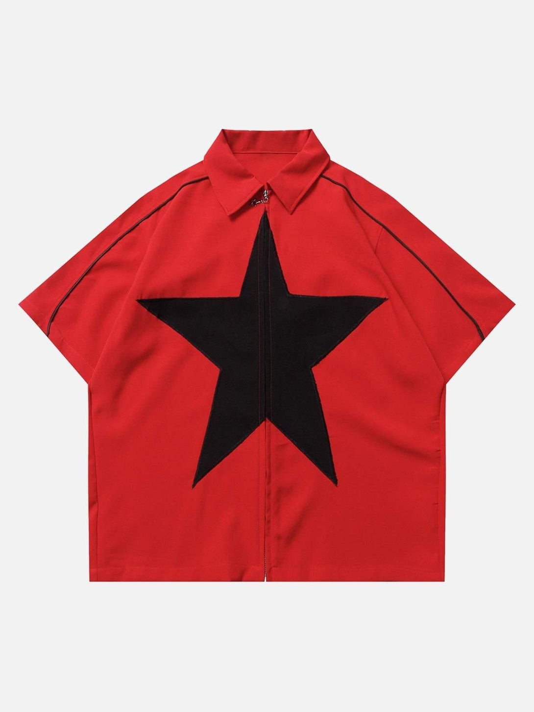 Front view of a red shirt with a black star design and zipper, by TALISHKO, perfect for urban style.