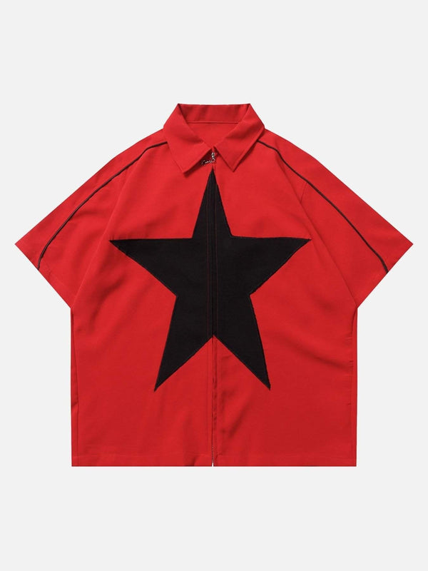 Front view of a red shirt with a black star design and zipper, by TALISHKO, perfect for urban style.
