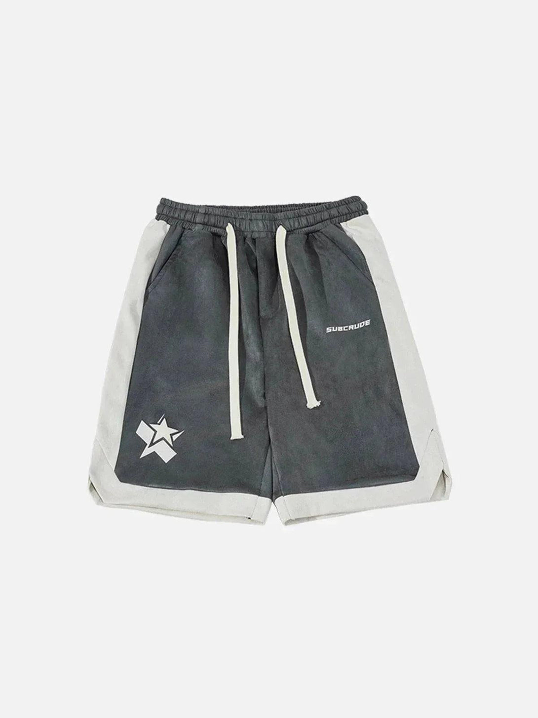 Front view of gray suede shorts with star detail by TALISHKO, perfect for casual summer style.