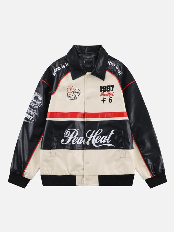 Front view of the apricot motorcycle jacket by TALISHKO, featuring bold retro graphics.
