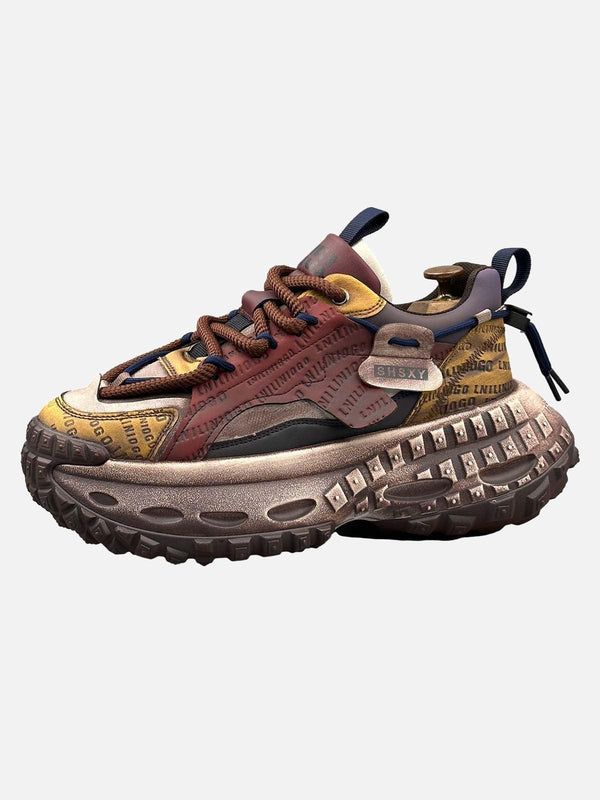 TALISHKO platform sneakers with tire sole in red, featuring bold stitching and lettering design.