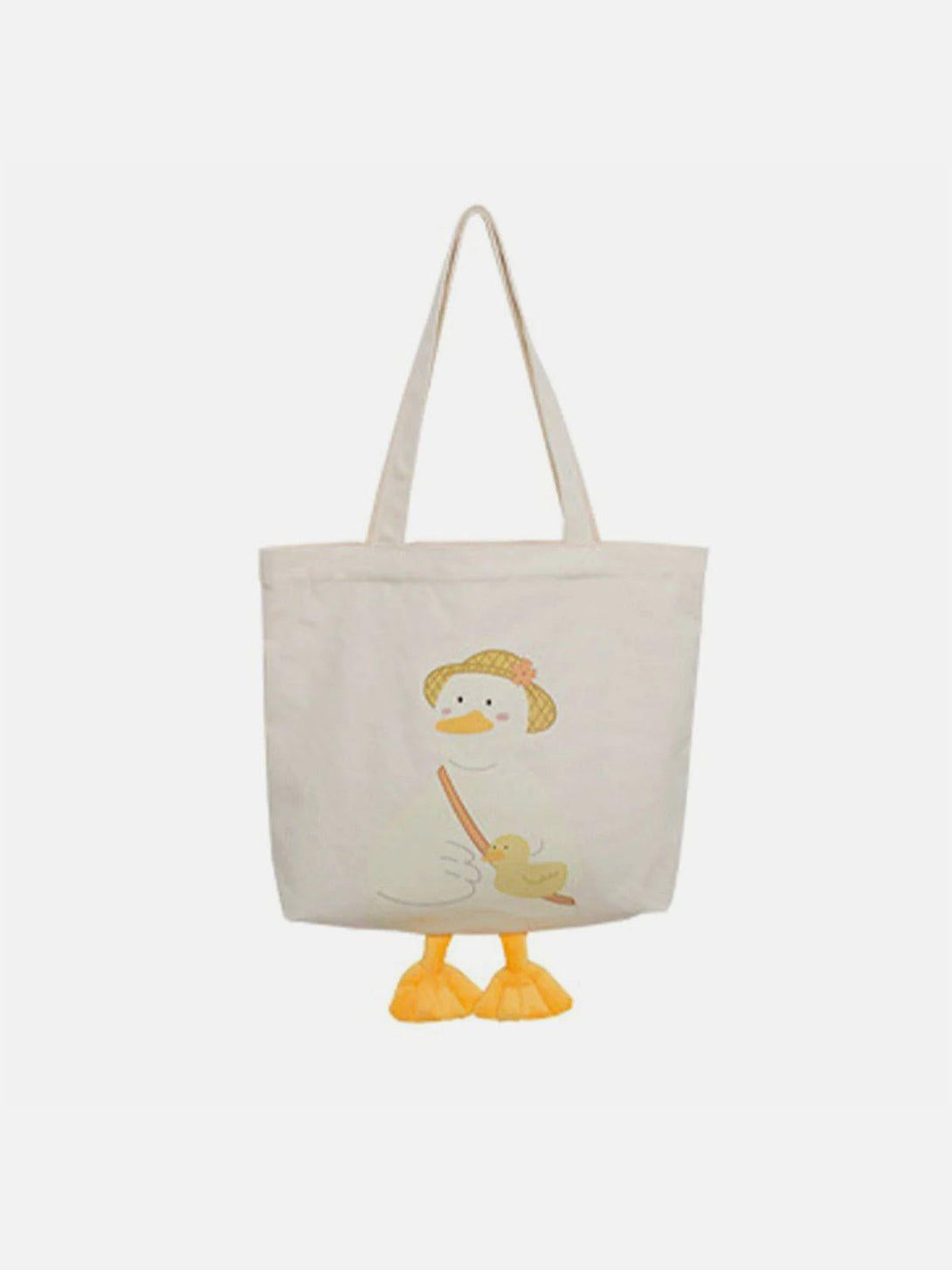 Cute beige canvas bag with duck design and straw hat, featuring playful feet by TALISHKO.