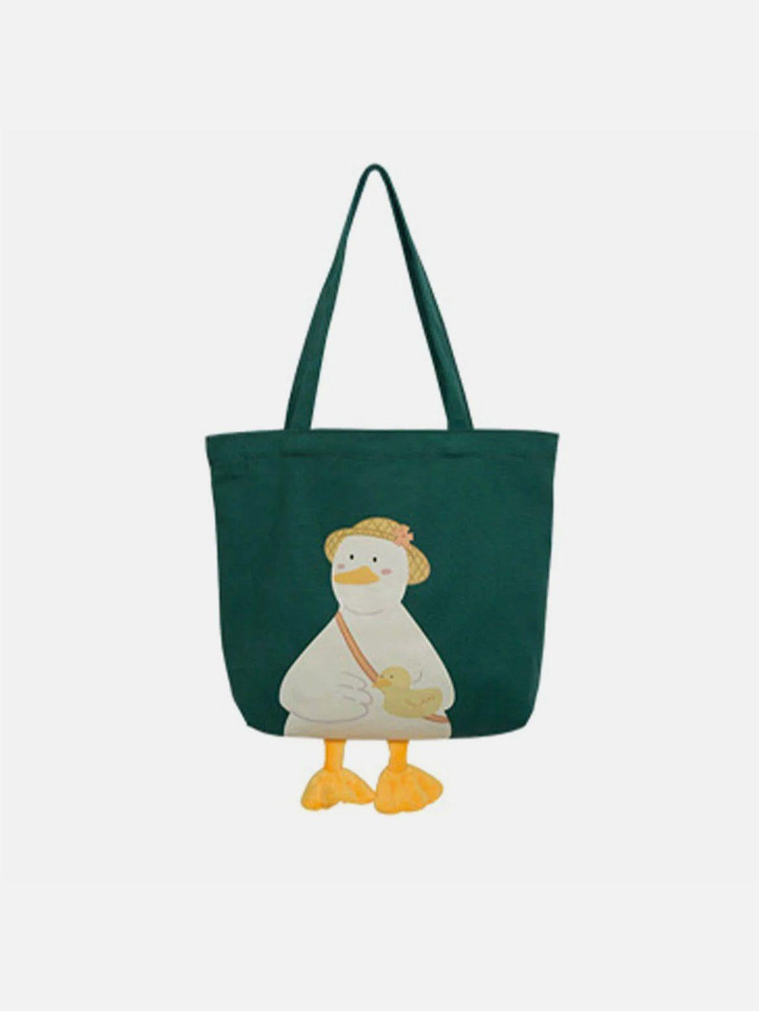 Charming green canvas tote with a whimsical duck in a straw hat design, by TALISHKO.
