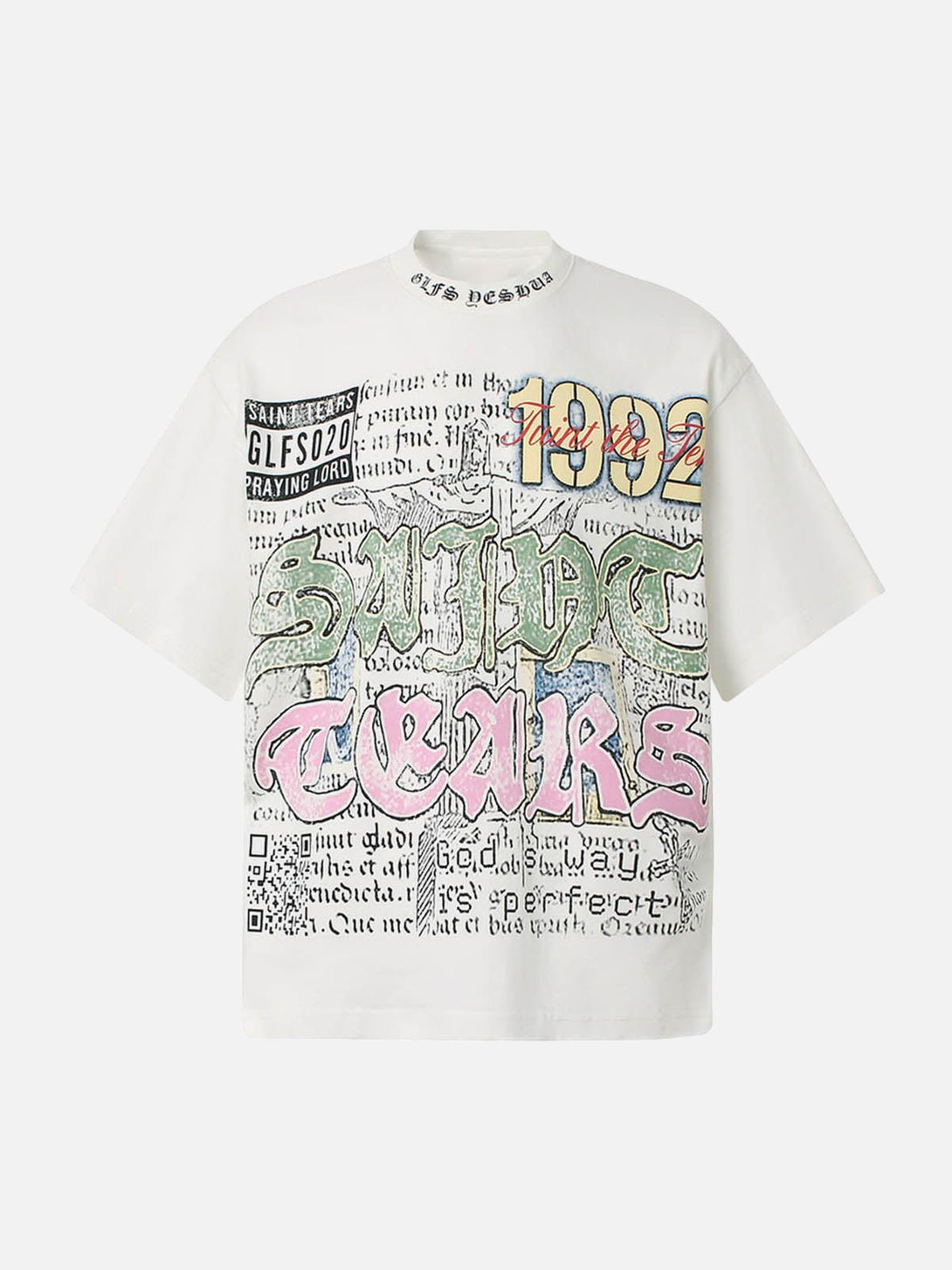 Front view of a white graphic T-shirt by TALISHKO, featuring bold 1992 street-style designs.