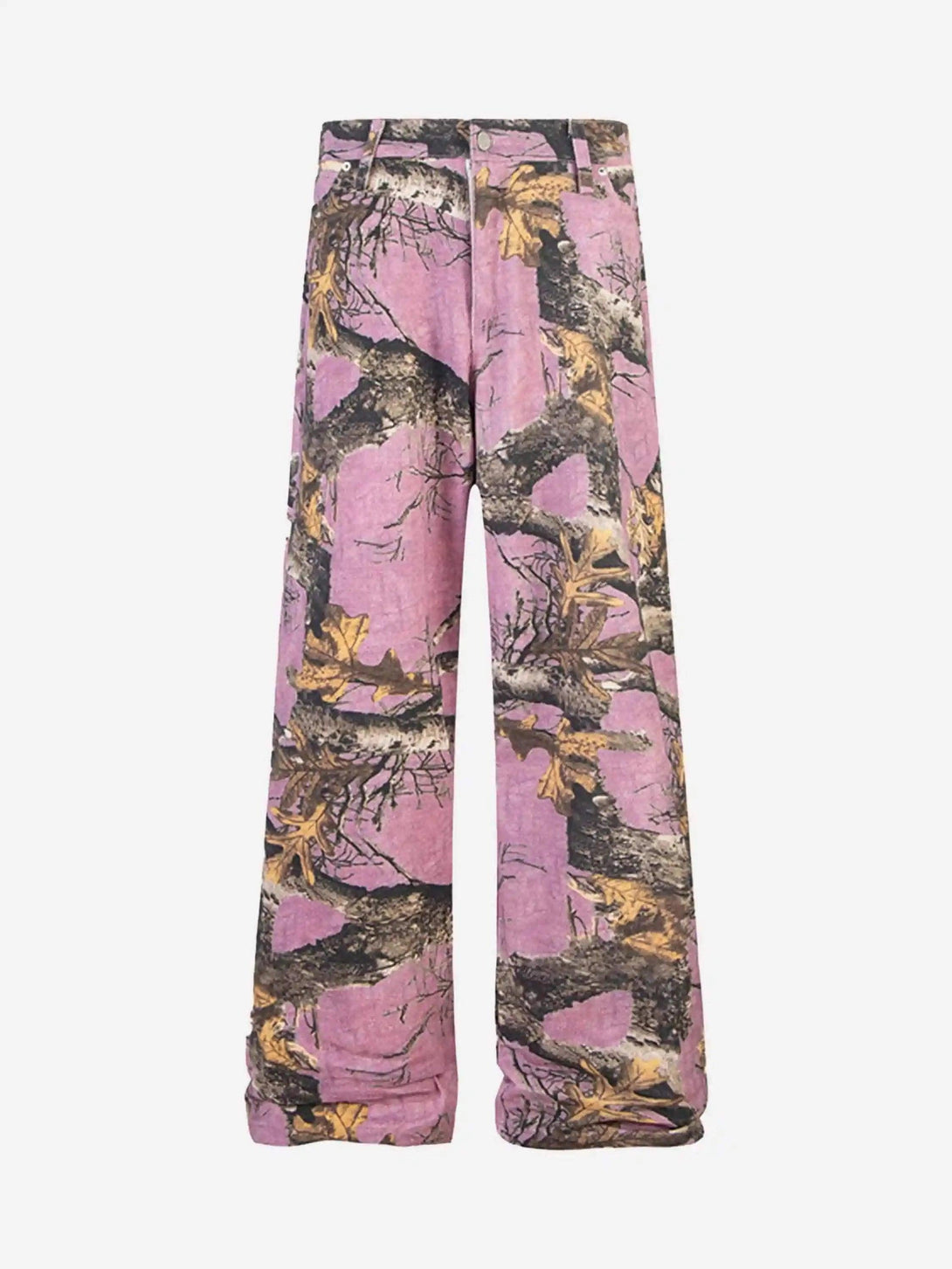 Front view of pink camouflage pants by TALISHKO, featuring a unique street-inspired design.