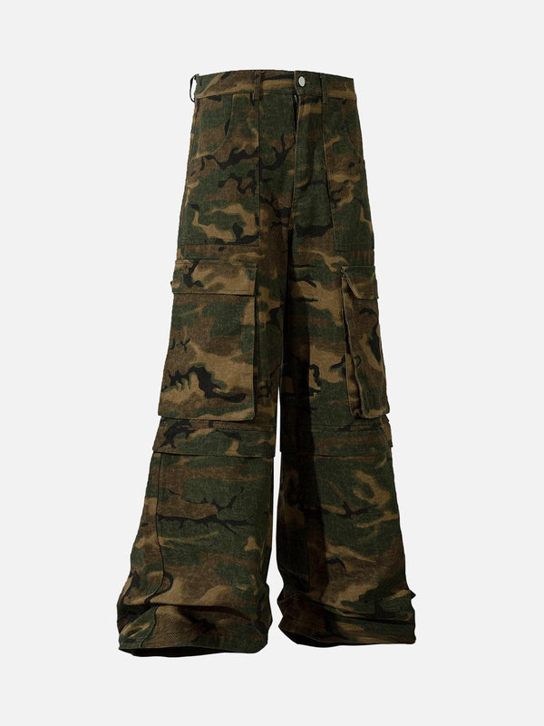 Street-style green camouflage cargo pants with multiple pockets by TALISHKO, front view.