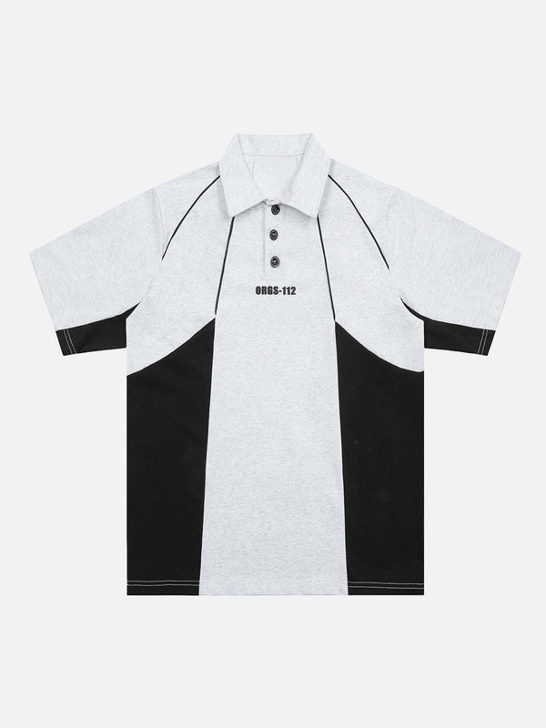 Front view of a light gray polo shirt with contrast panels by TALISHKO, ideal for street style.