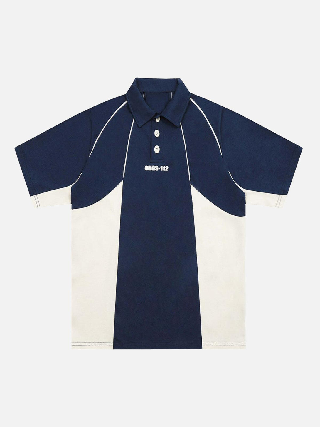 Front view of a navy polo shirt with contrast panels by TALISHKO, great for urban style.