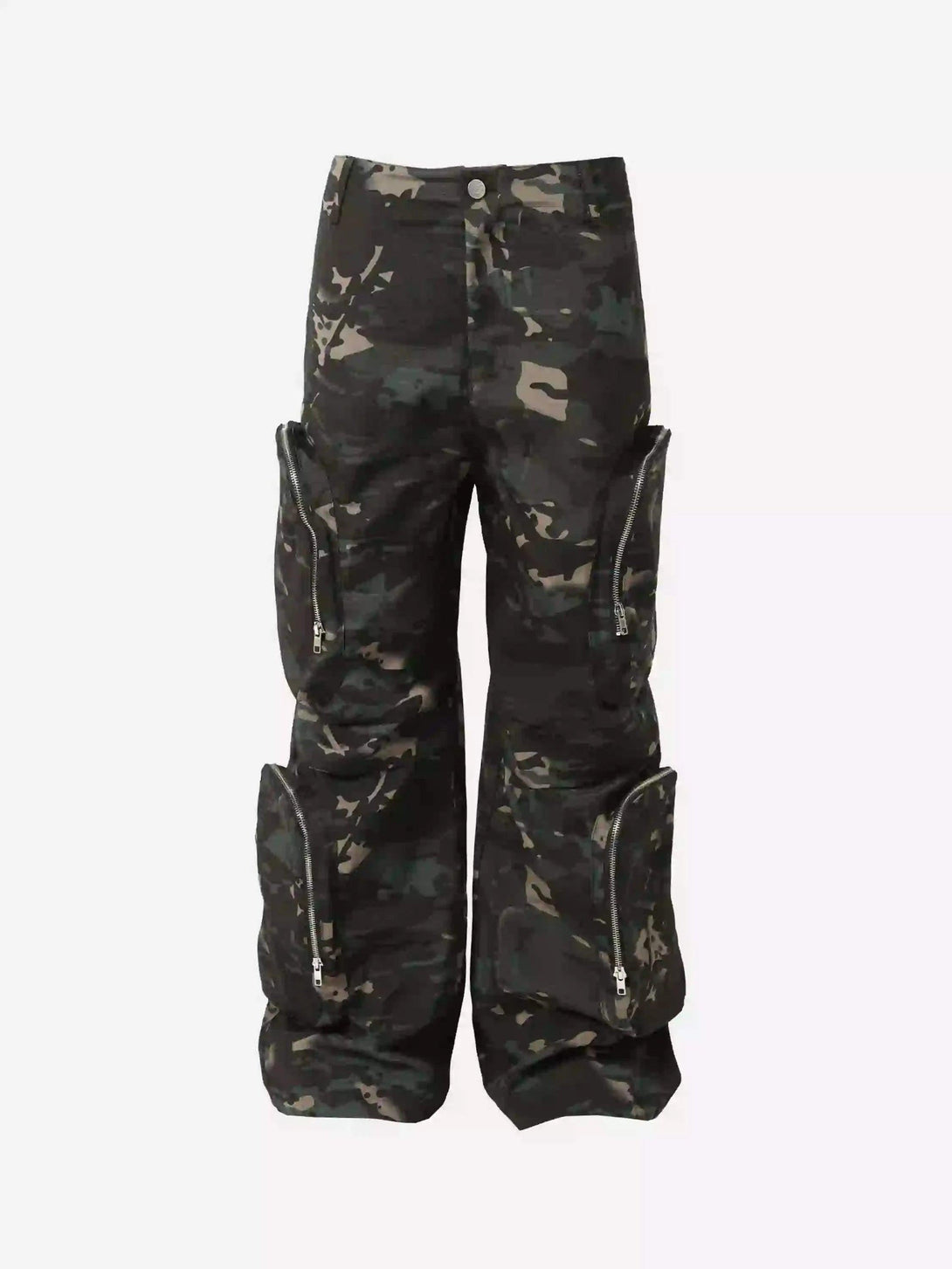 Front view of TALISHKO camouflage cargo pants featuring bold zippers, ideal for urban style.