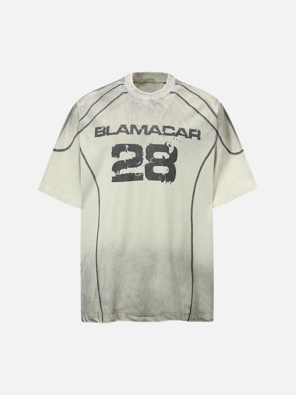 Front view of a gray TALISHKO motorcycle T-shirt with a distressed gradient design.