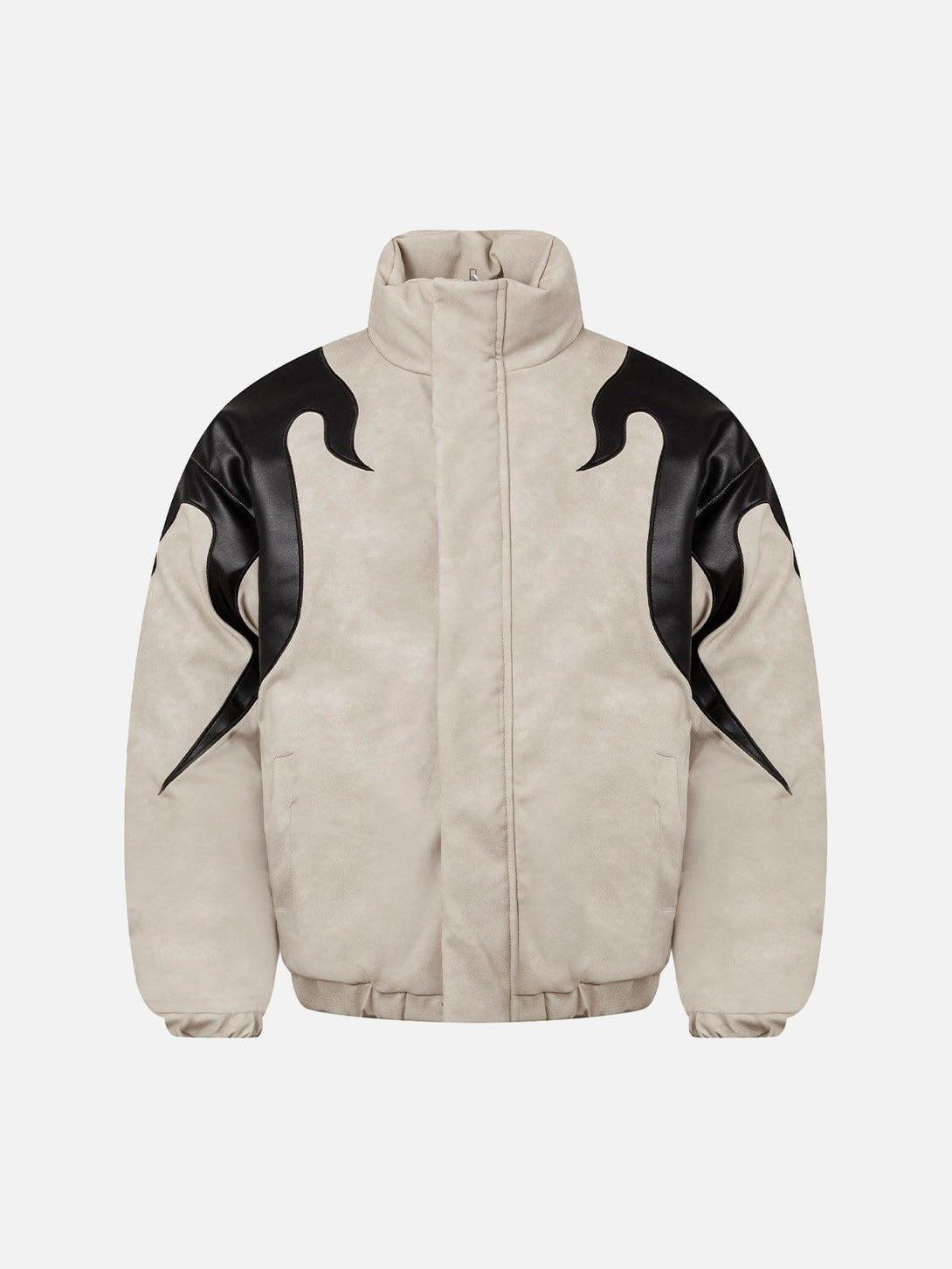 Front view of a beige suede padded puffer jacket by TALISHKO, featuring flame embroidery.