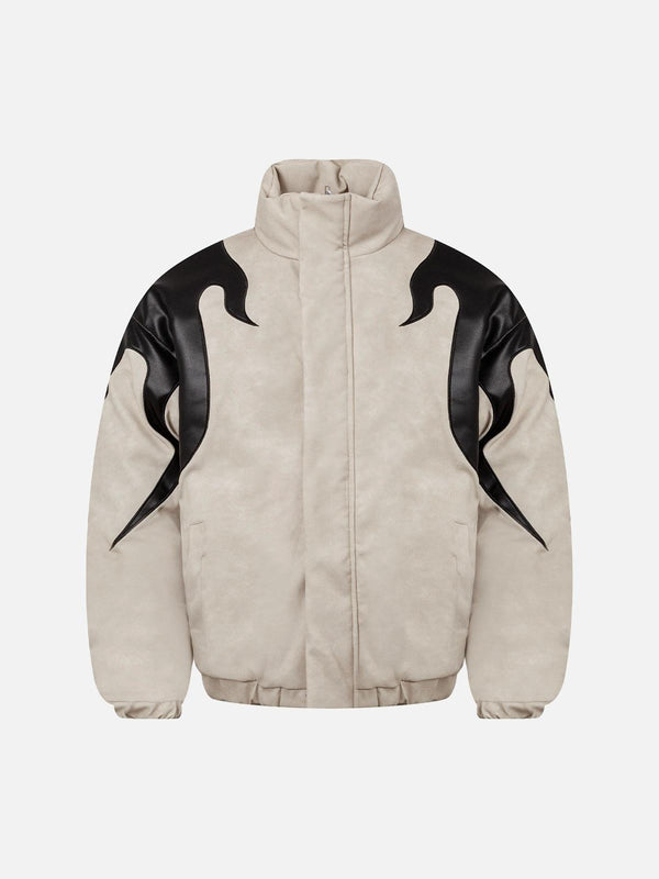 Front view of a beige suede padded puffer jacket by TALISHKO, featuring flame embroidery.