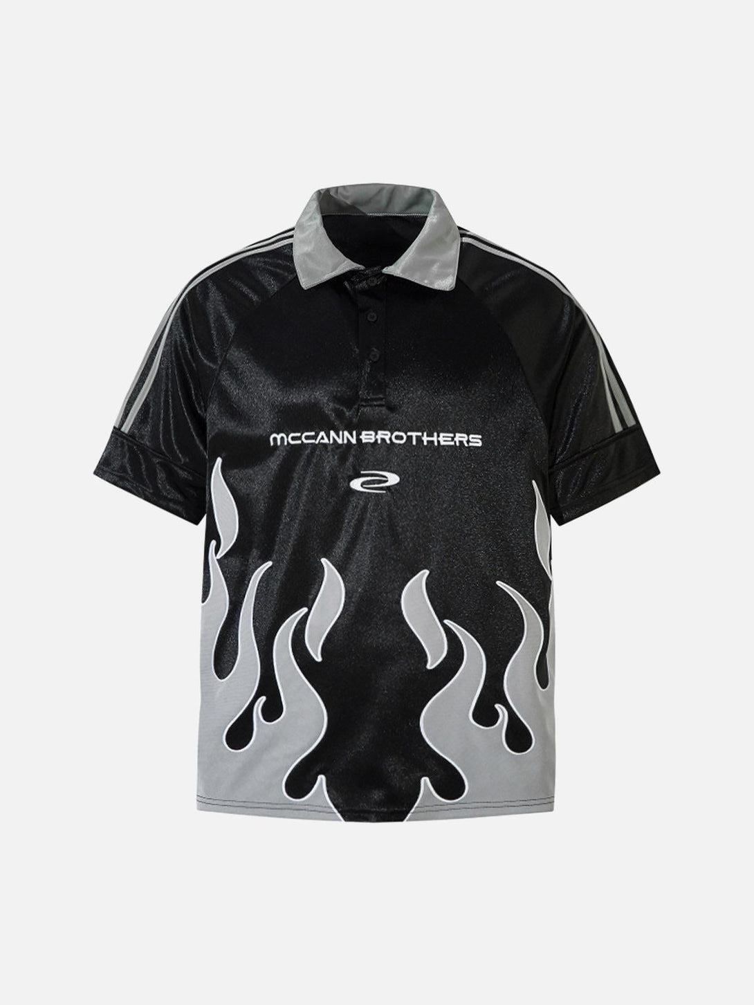 Front view of a black polo T-shirt with flame design by TALISHKO, capturing urban vibes.