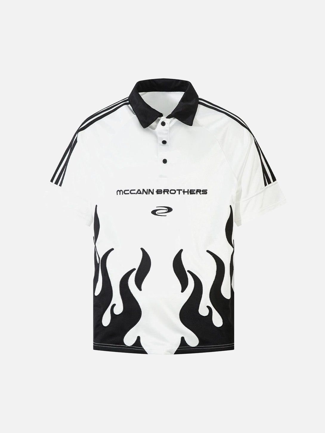 Front view of a white polo T-shirt with flame embroidery by TALISHKO, exuding urban style.