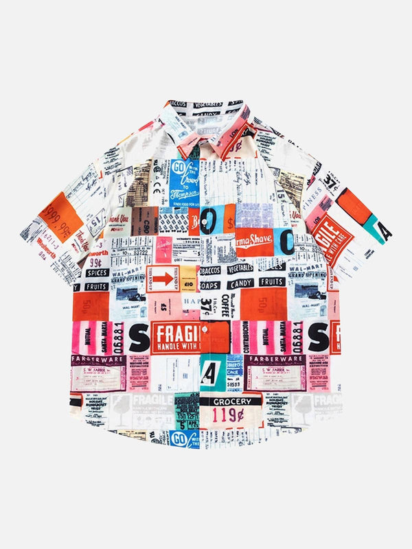 Front view of TALISHKO short-sleeved shirt with vibrant, vintage-style print.