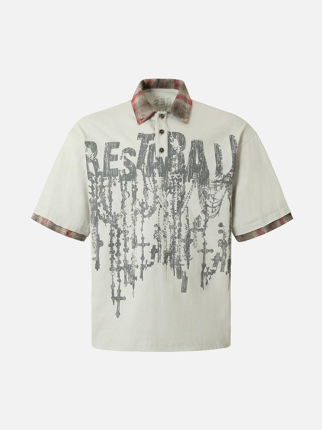 Front view of apricot polo shirt by TALISHKO featuring graffiti design and plaid accents.
