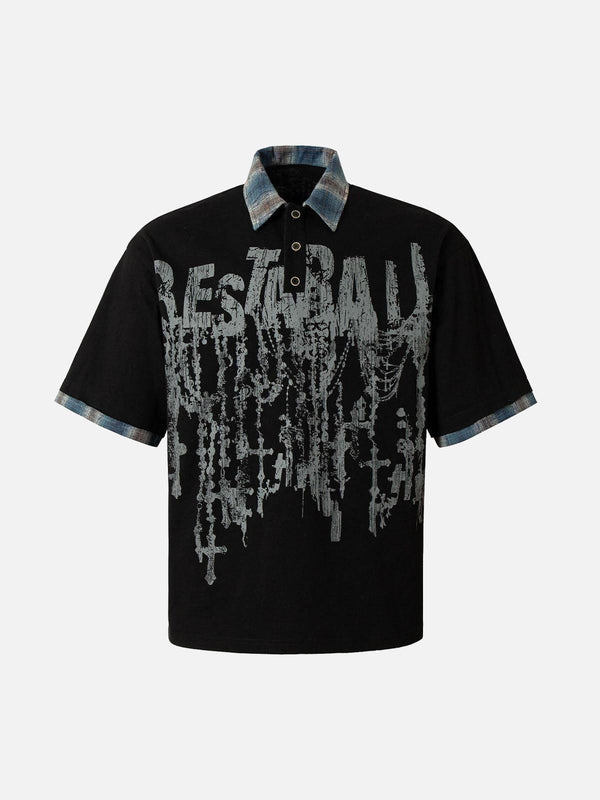 Front view of a black polo shirt by TALISHKO with graffiti design and plaid collar, embodying urban style.