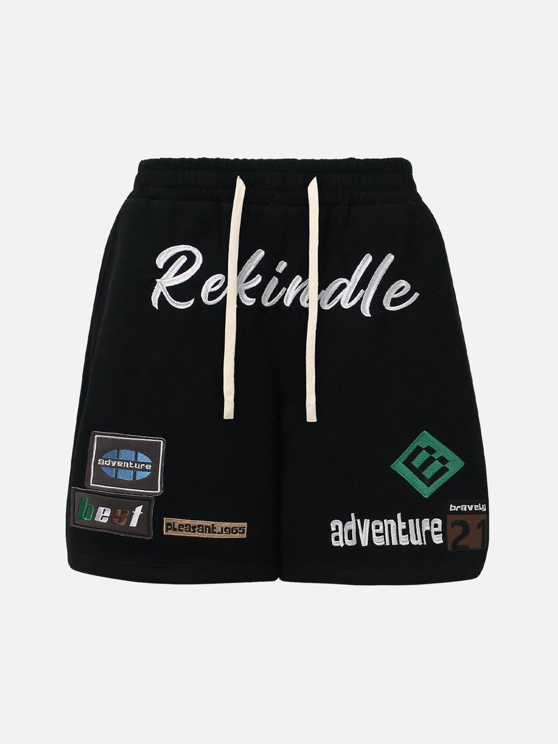 Front view of black TALISHKO drawstring shorts with graphic patches and embroidered text.