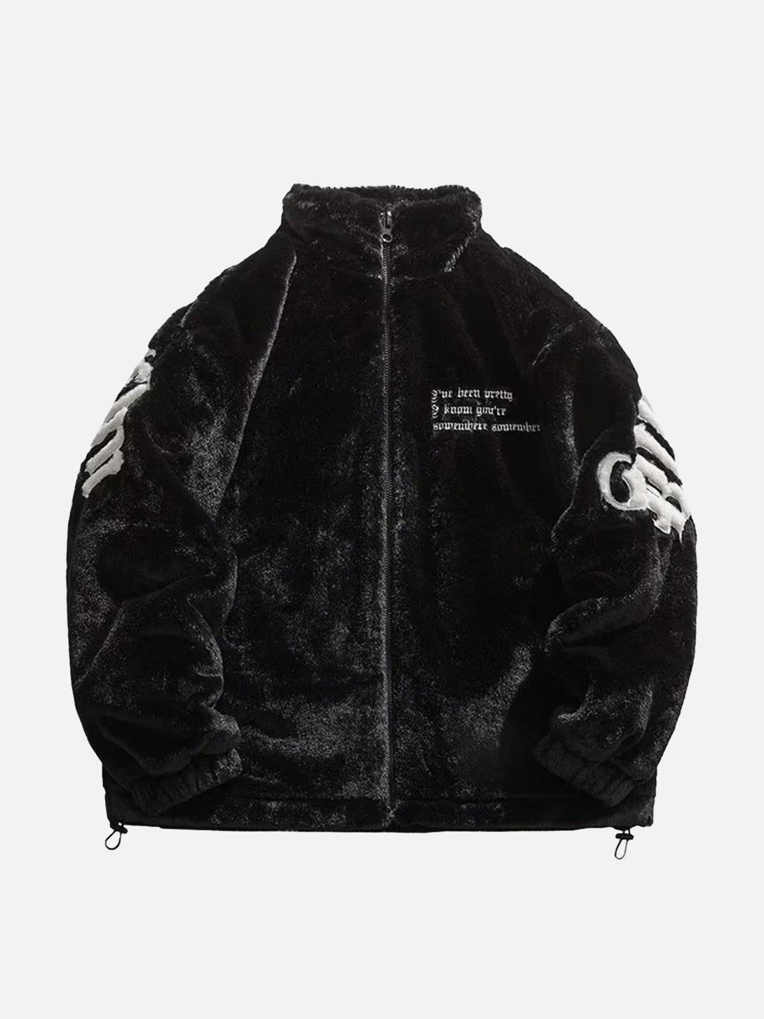 Front view of a black fleece jacket by TALISHKO, featuring embroidered street-inspired lettering.