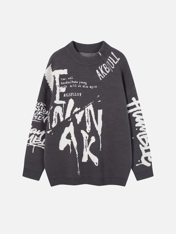 Front view of gray graffiti-style jacquard sweater by TALISHKO, showcasing bold street-inspired design.