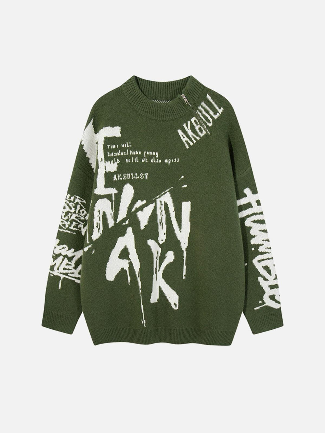 Front view of green graffiti-style jacquard sweater by TALISHKO, featuring bold artistic design.