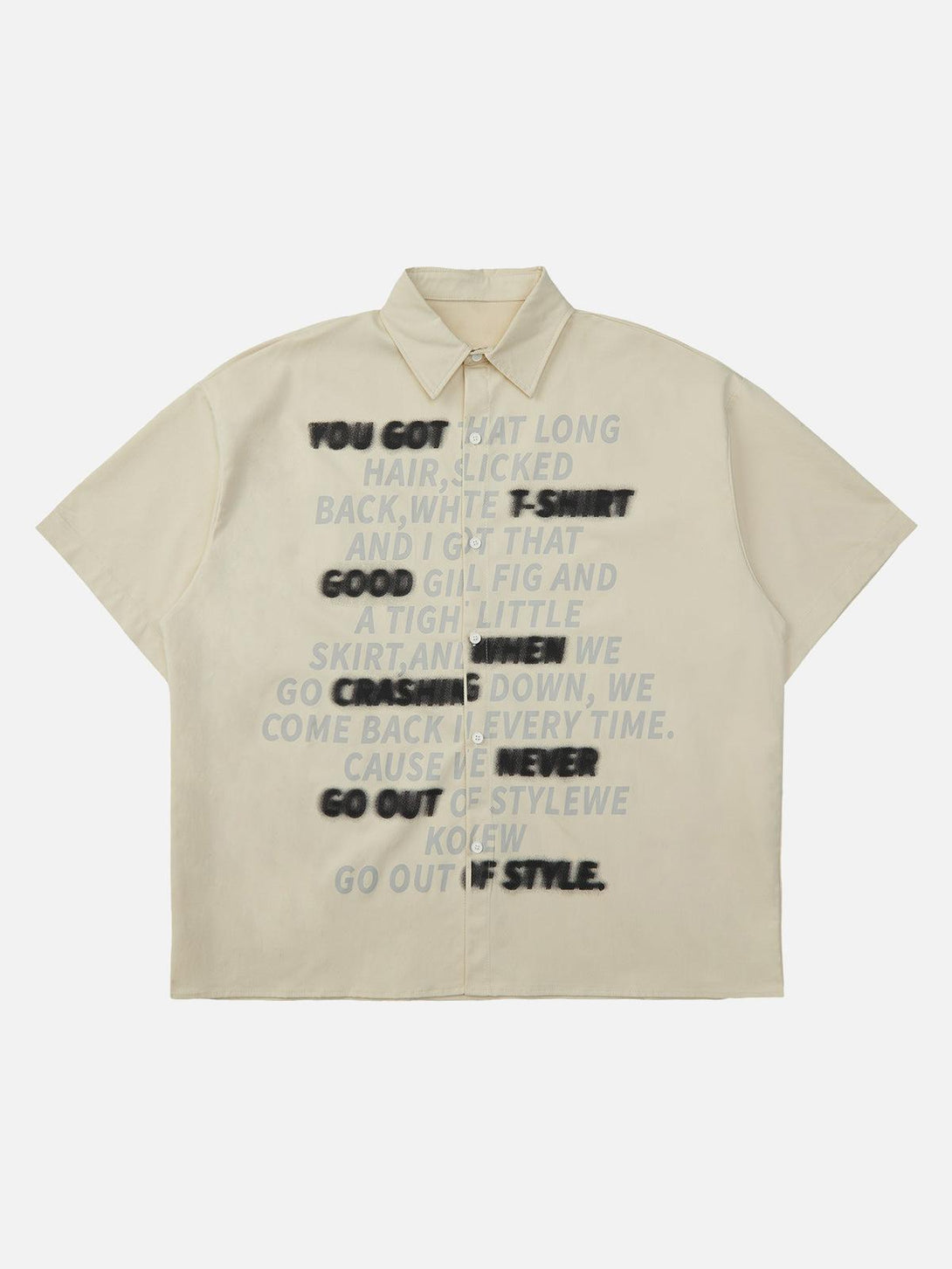 Front view of TALISHKO beige short sleeve shirt with bold letter print, perfect for urban style.