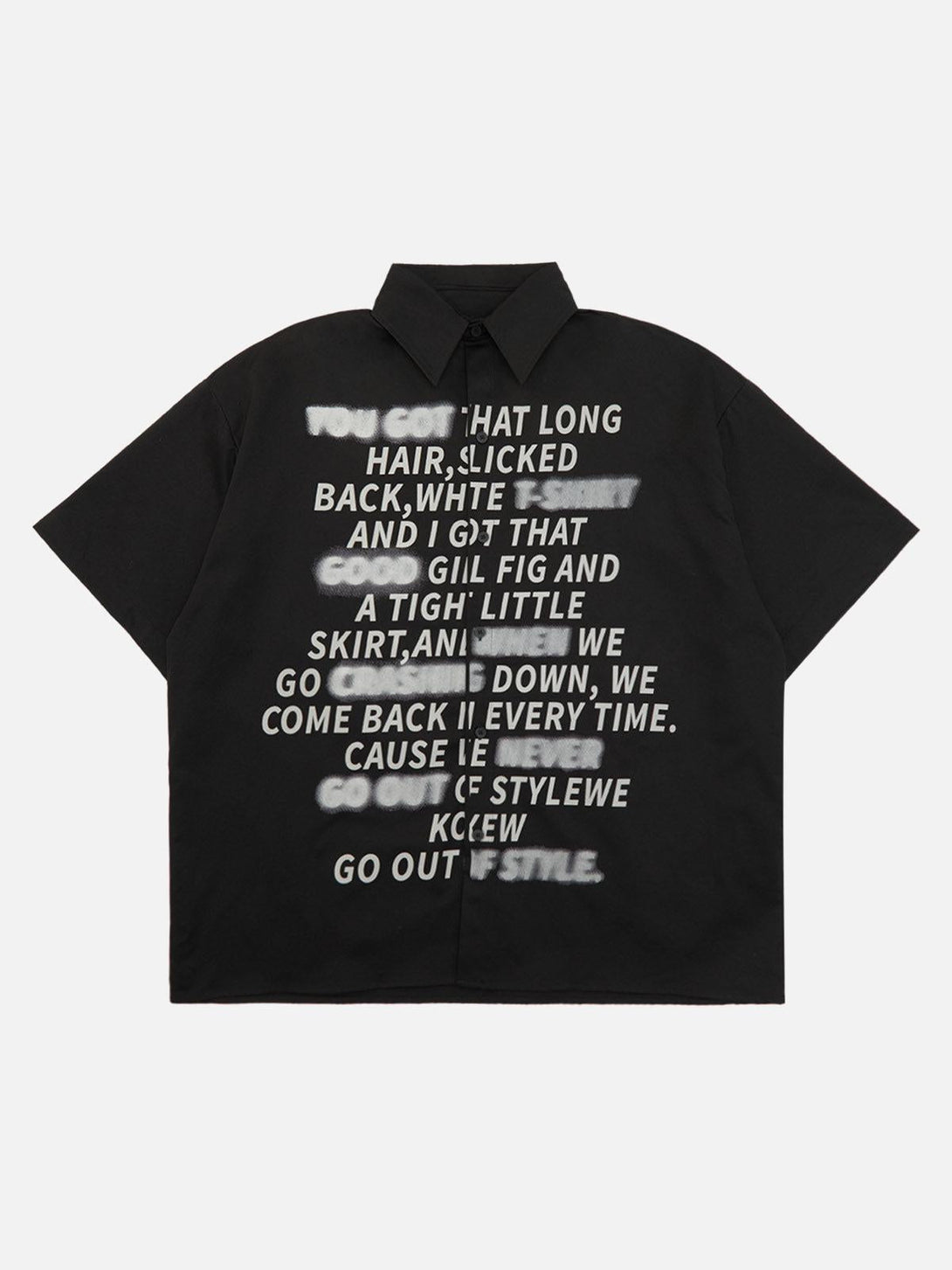 Front view of TALISHKO black short sleeve shirt with bold letter print, ideal for urban style.