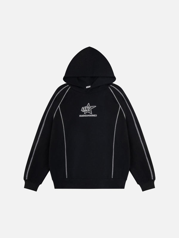 TALISHKO black hoodie with contrasting stitching and logo, showcasing a street-inspired look.