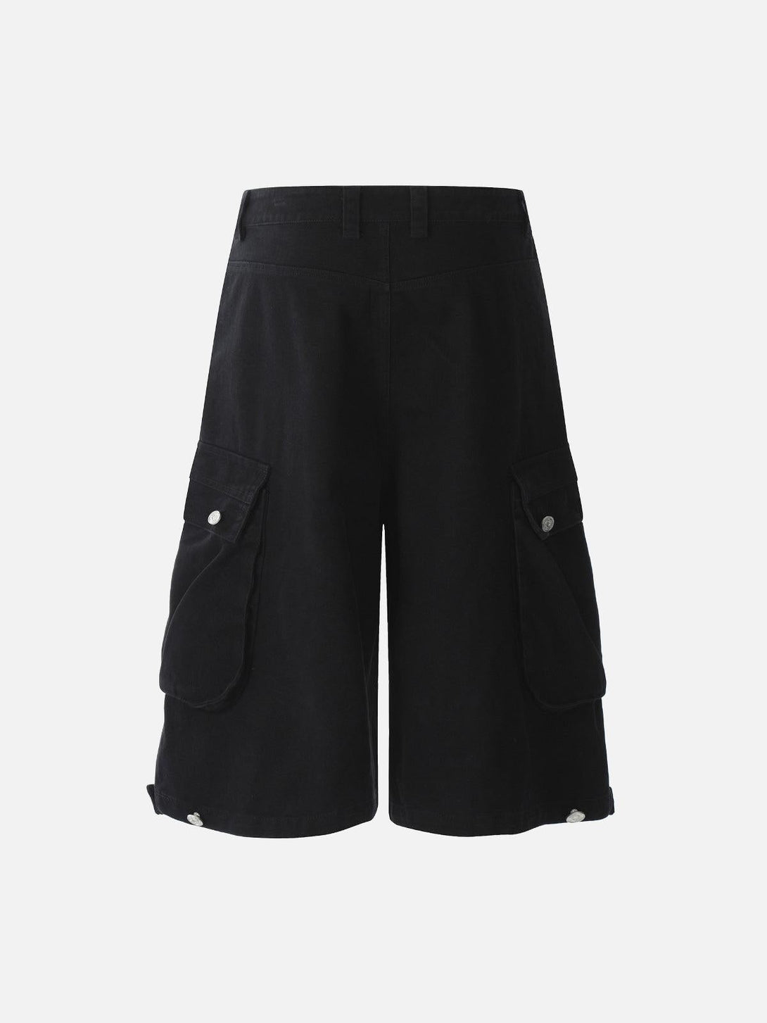 Front view of black cargo jorts by TALISHKO featuring pleated design and multiple pockets.