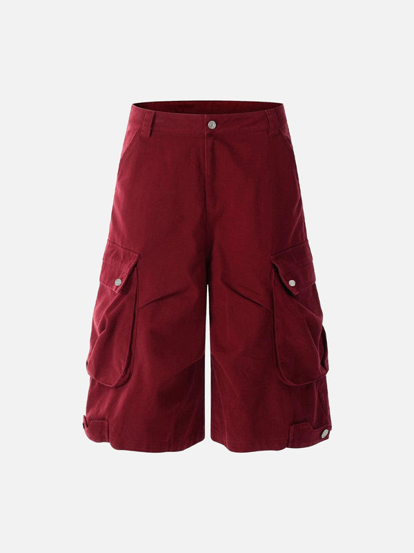 TALISHKO wine red cargo jorts with pleated design and multiple pockets, front view.