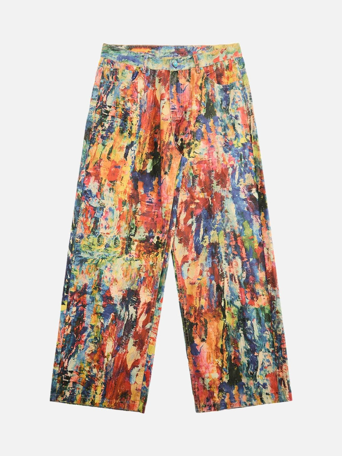 Vibrant multicolor straight jeans with an oil painting effect, front view by TALISHKO.