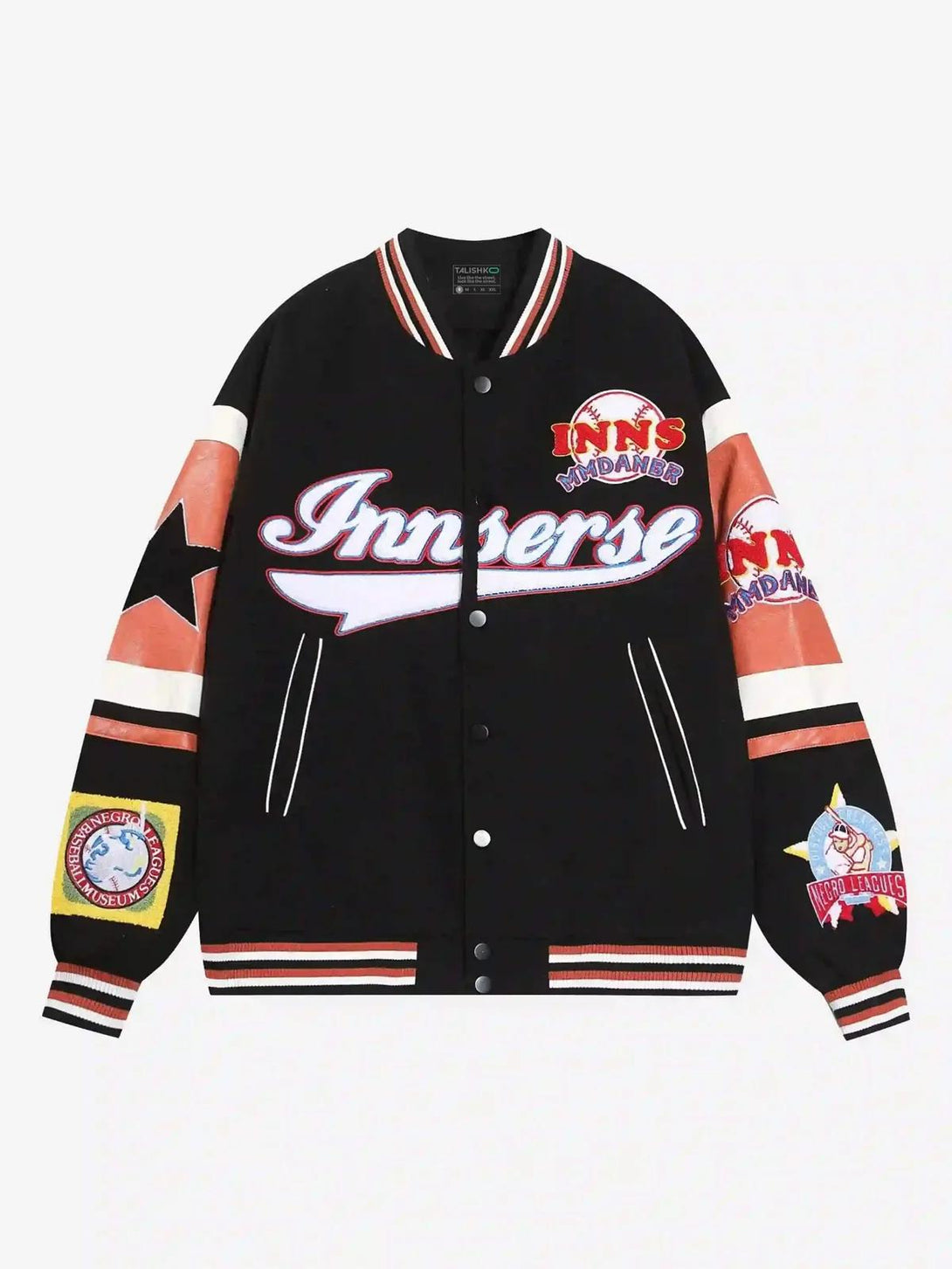 Front view of a black baseball jacket by TALISHKO, featuring vibrant patchwork and embroidery.