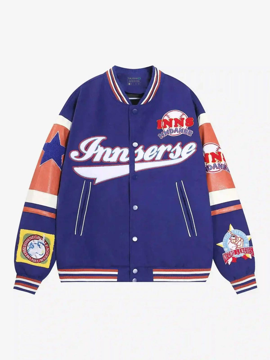 Front view of a purple baseball jacket by TALISHKO, featuring vibrant patchwork and embroidery.
