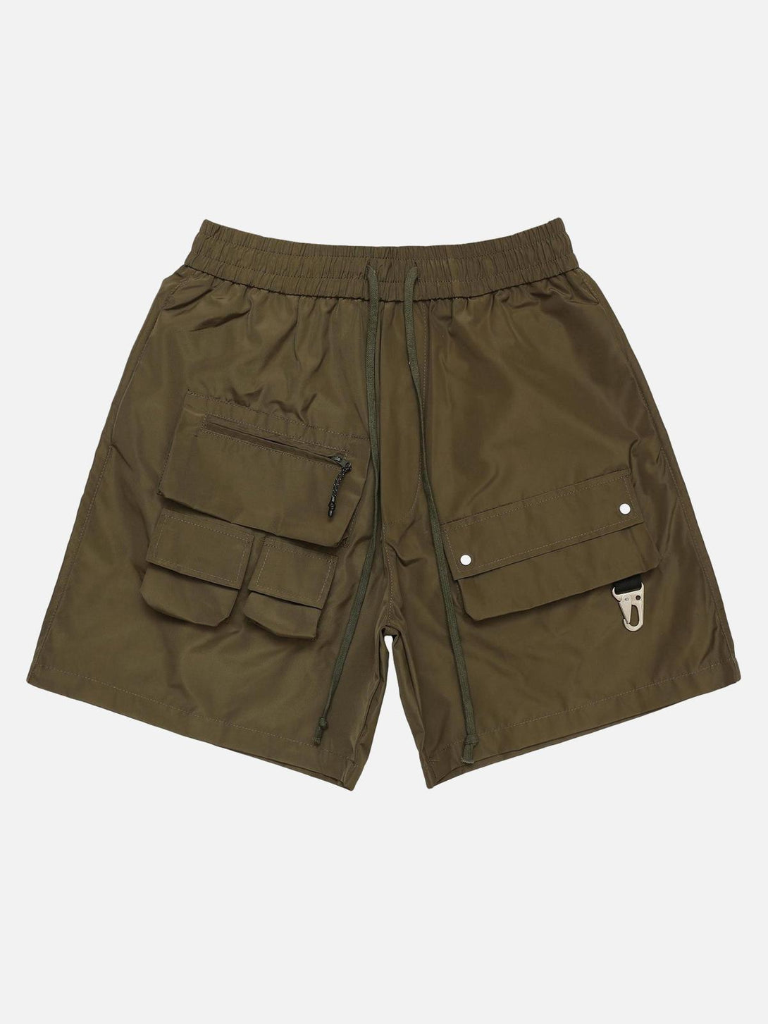 Army green multi-pocket shorts by TALISHKO, featuring a stylish patchwork design in front view.