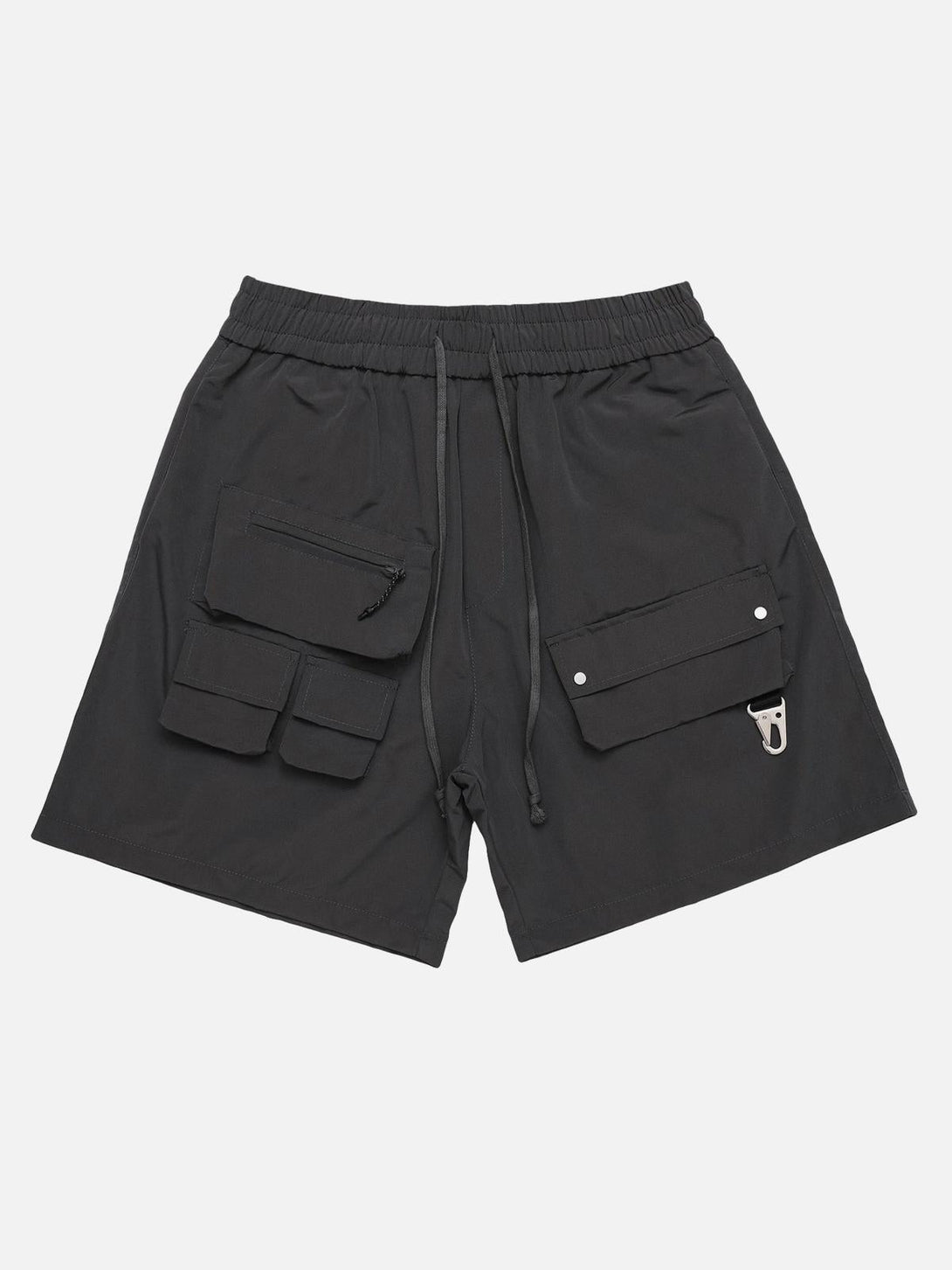 Black multi-pocket shorts by TALISHKO, showcasing a street-style design in a front view.